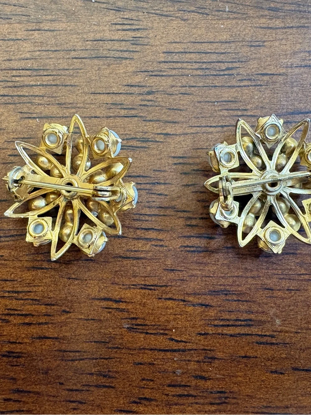 Vintage Gold-Tone Green Crystal and White Stone Floral like Brooch  - Set of 2